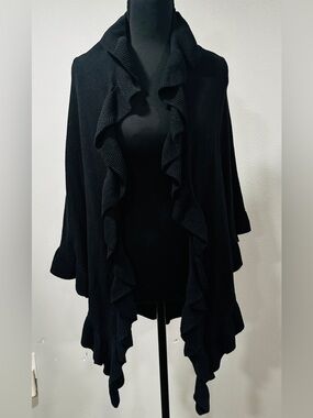 Black Ruffled Open-Front Women's Sweater Cardigan